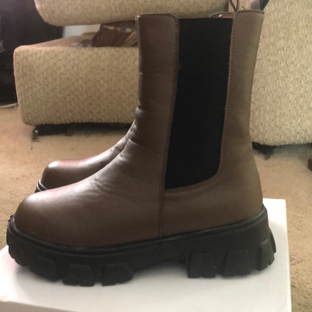Mid calf brown lug sole boots